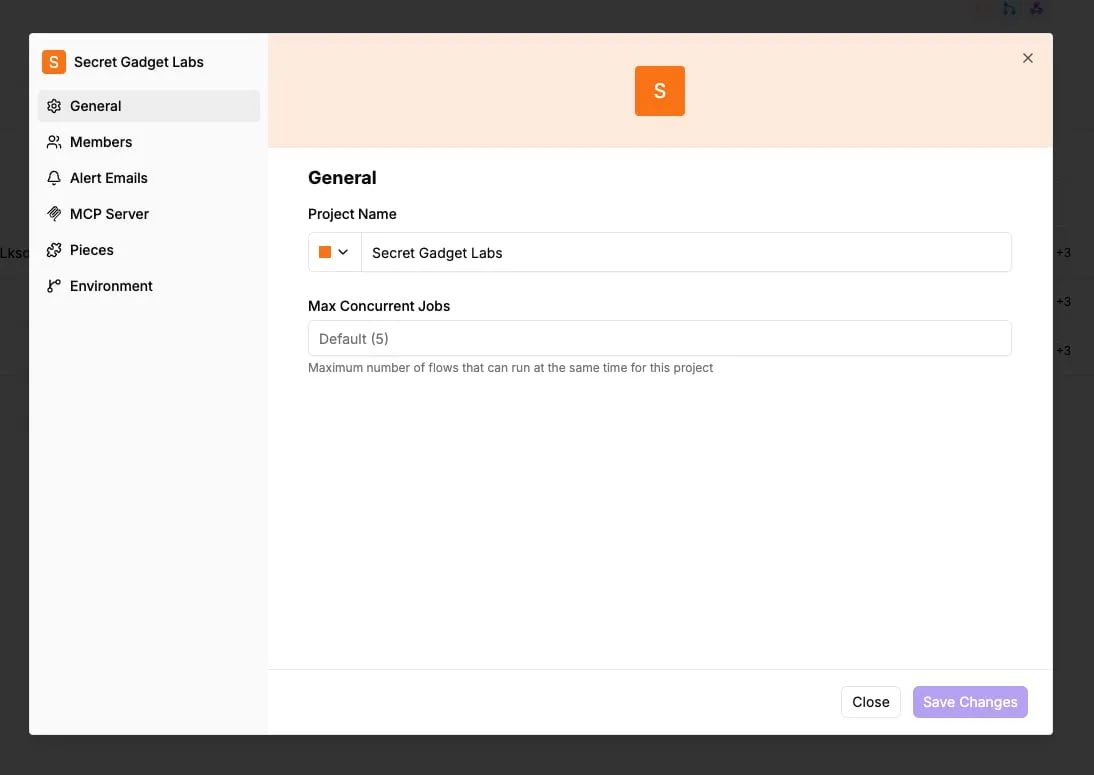 Project Settings dialog showing Max Concurrent Jobs field set to Default (5) for the Secret Gadget Labs project.