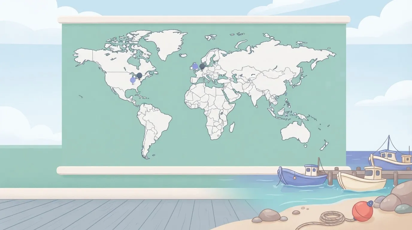 World map with four pins, two in US, two in EU