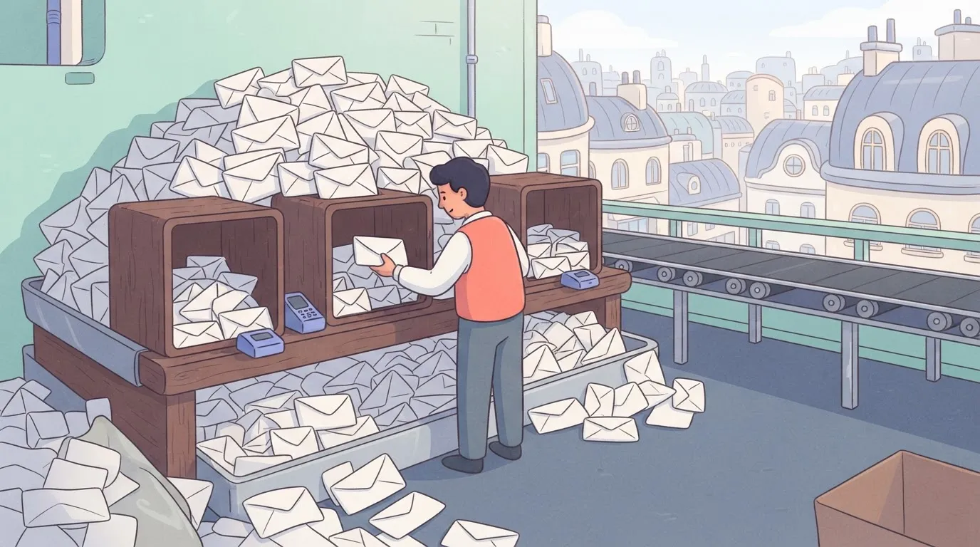A worker manually sorting a massive pile of identical envelopes into three wooden cubby holes, while an empty, modern…
