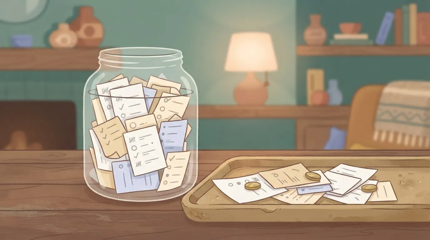 Glass full of survey slips with extra slips on a tray with coins
