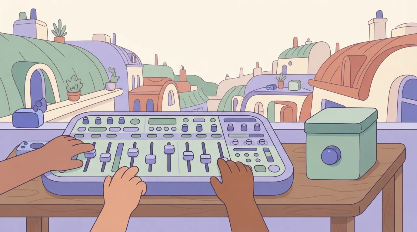 Mixing desk with many sliders beside a one-knob box
