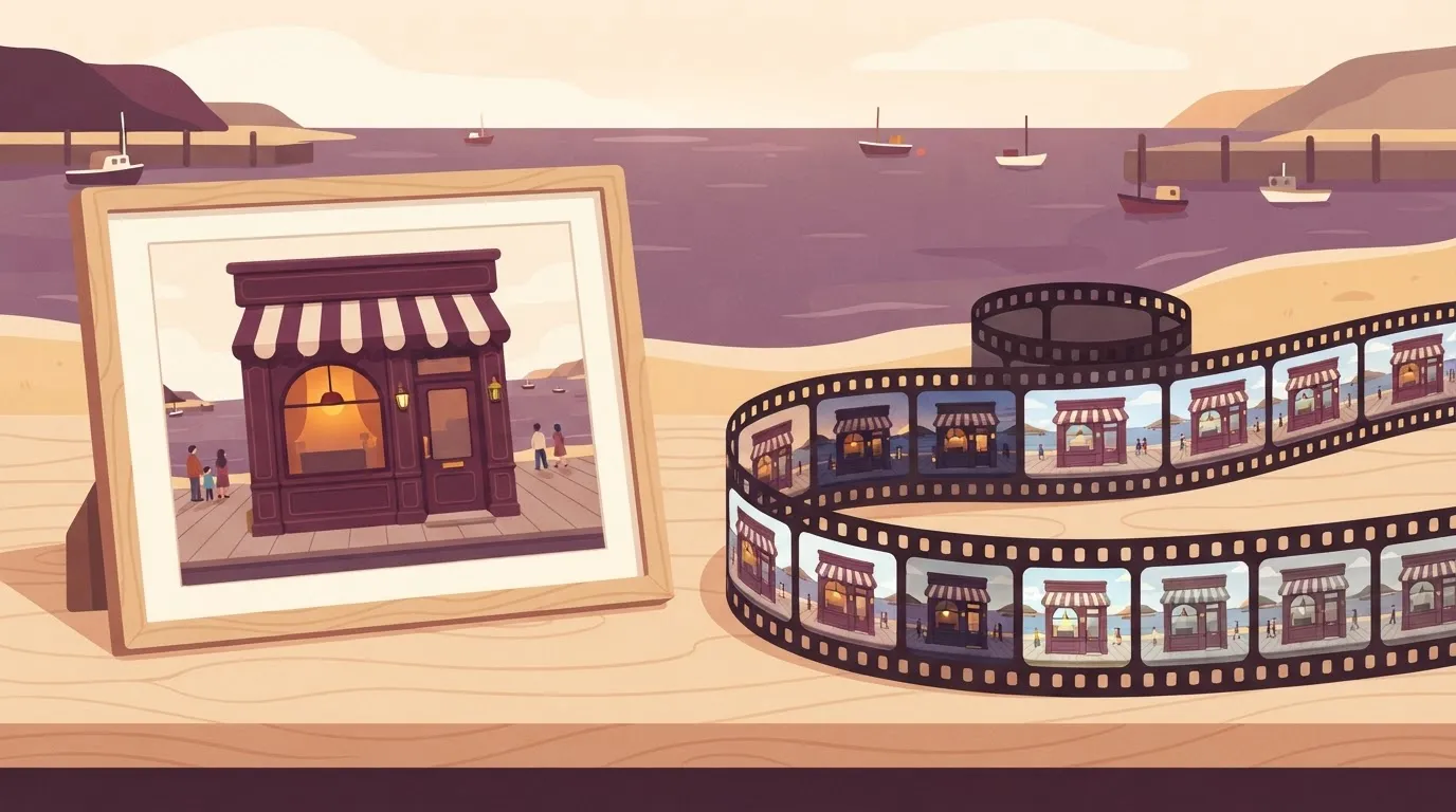 A single framed snapshot beside a long unrolling film strip of the same shop