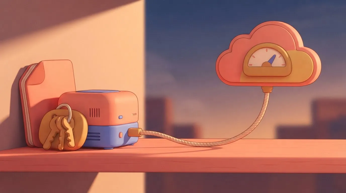 Server, config and key store on a shelf, cable to a metered cloud API