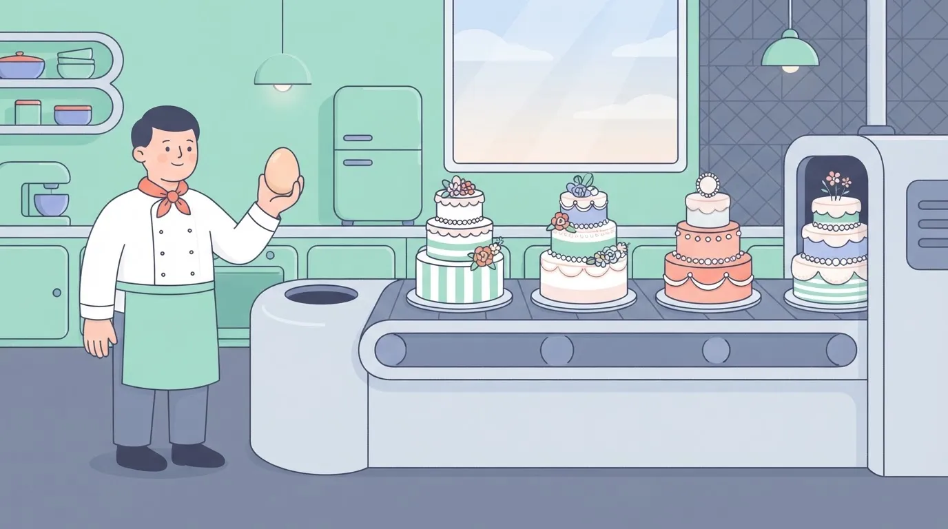 A chef standing at the end of a conveyor belt where perfectly finished, multi-tiered cakes are emerging, while the chef…