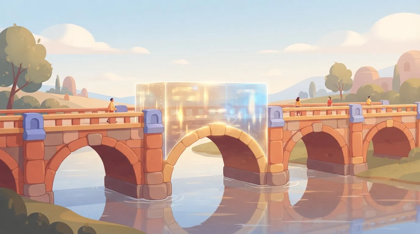 A stone bridge where a single large, central block is made of semi-transparent, flickering hologram light while the rest of…