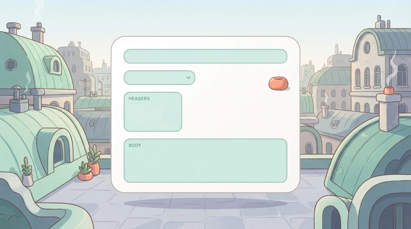 HTTP request step card with URL, method, headers, body fields