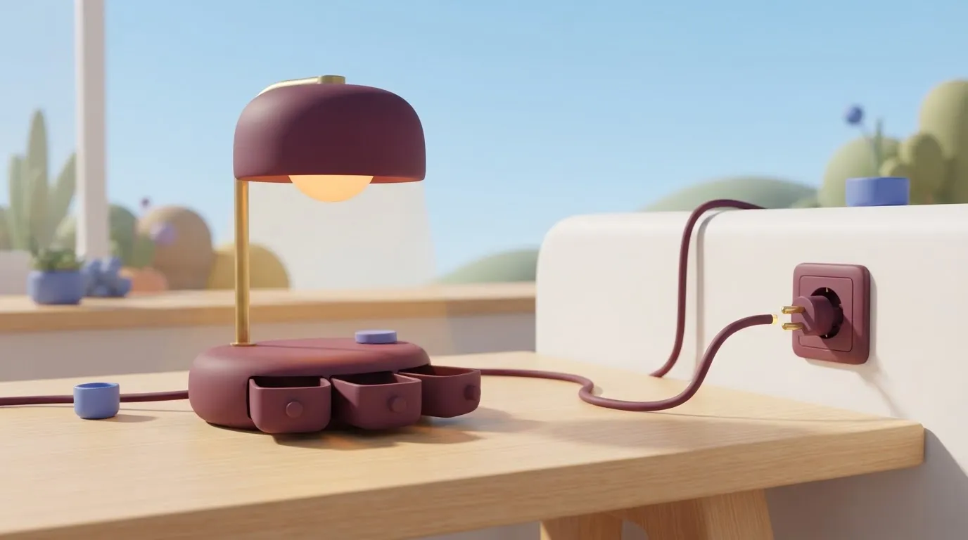 Lamp dimly lit with plug half out and drawers open