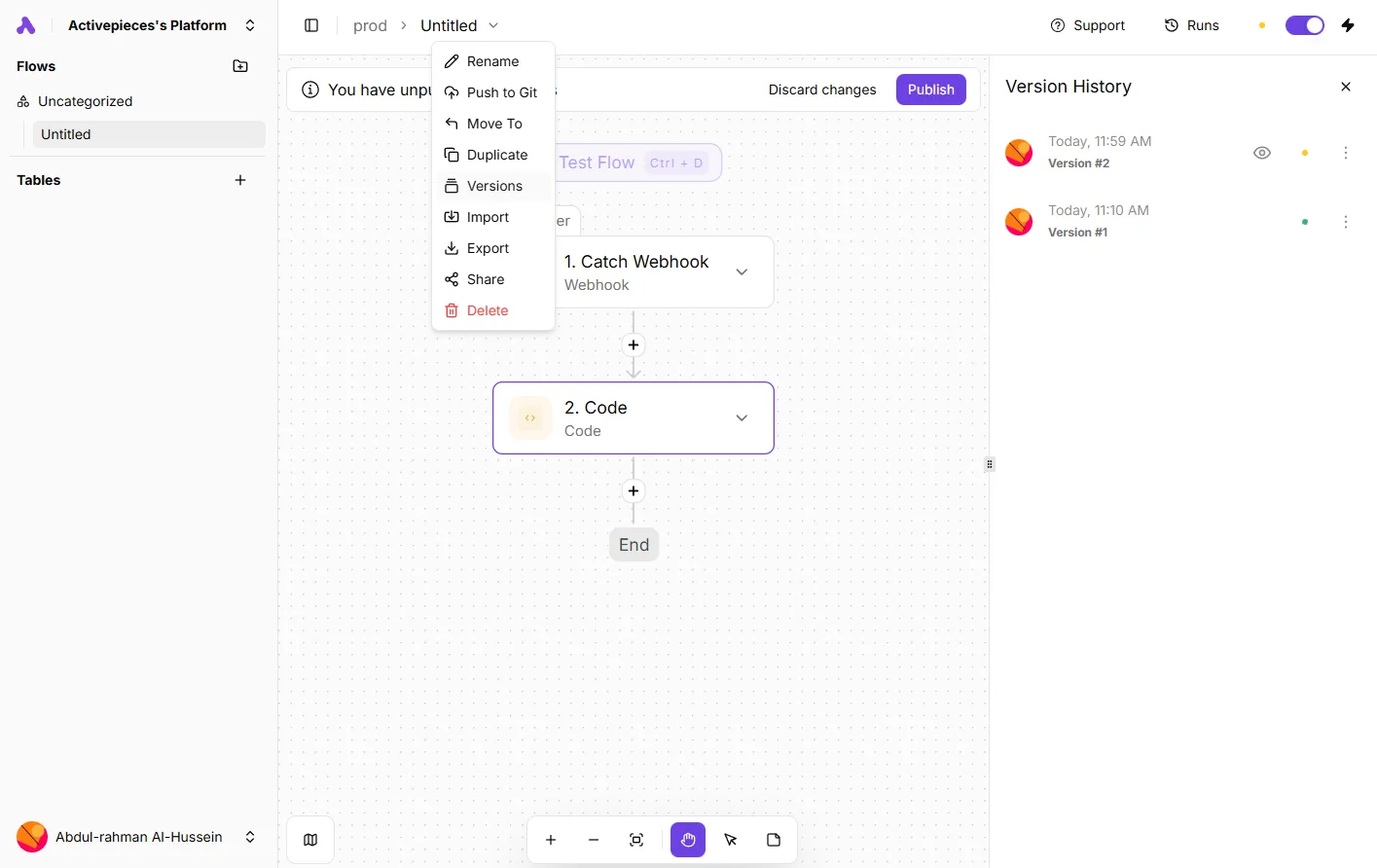 Flow History panel showing two versions of a flow with timestamps and status indicators