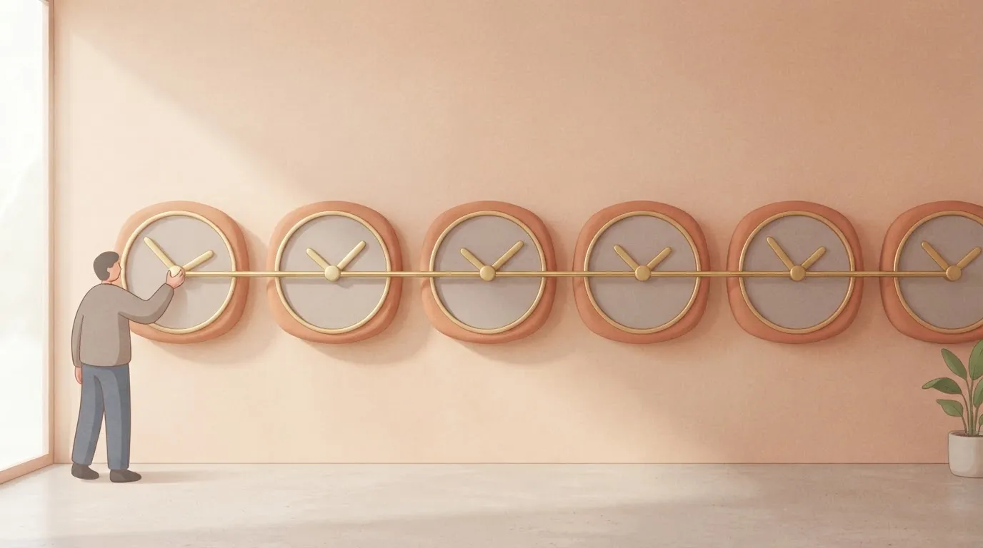 A row of several clocks on a wall, all connected by a single metal rod running through their centers so that turning one…