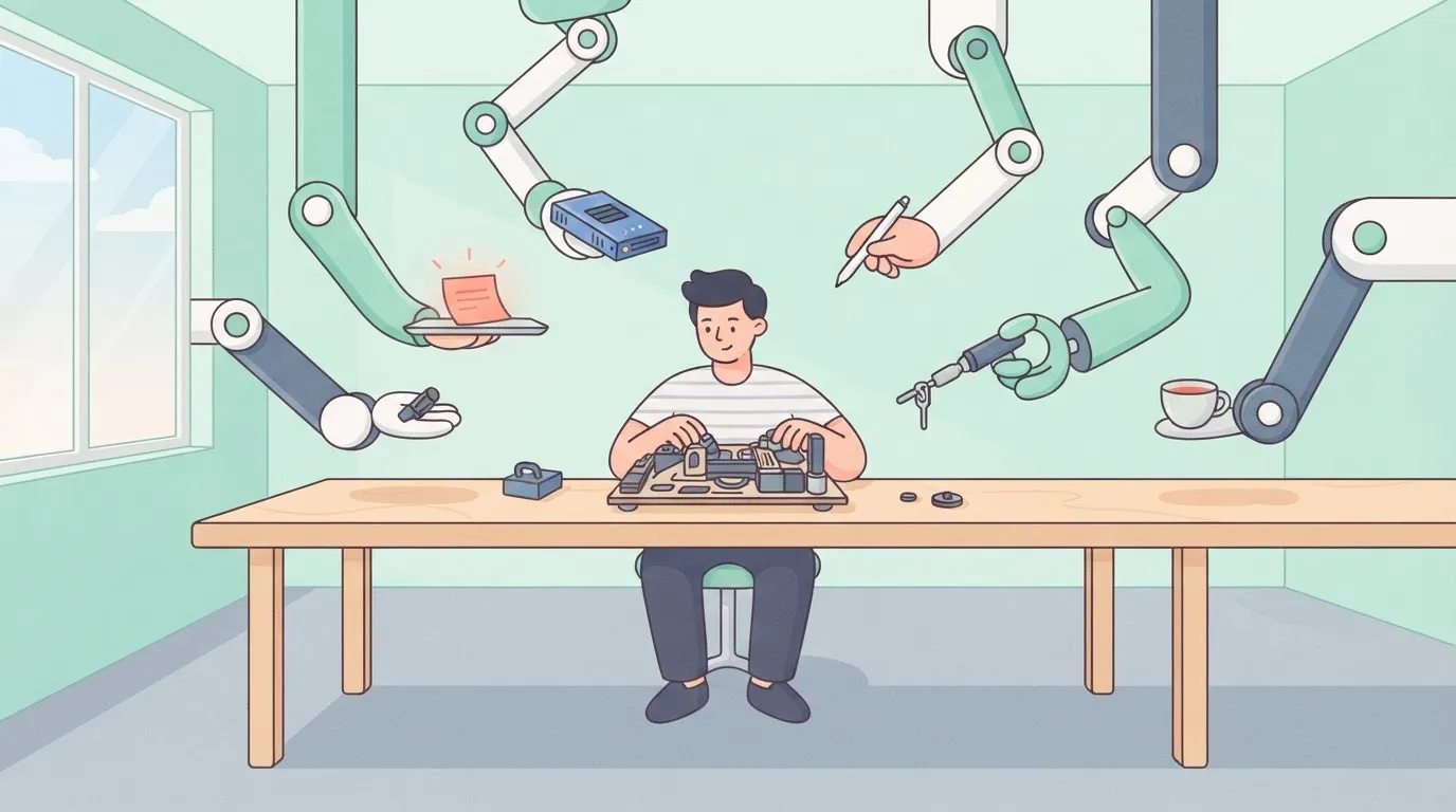 A workbench where a person is working on a ticket; instead of the person moving to different desks, several mechanical arms…