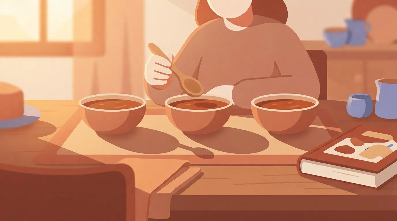 Three bowls being taste-tested, a cookbook pushed aside