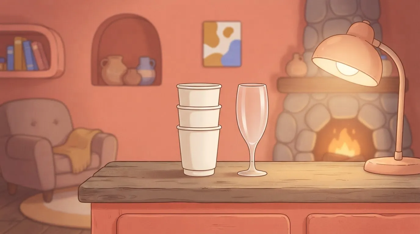 Three stacked paper cups matching the height of one tall glass