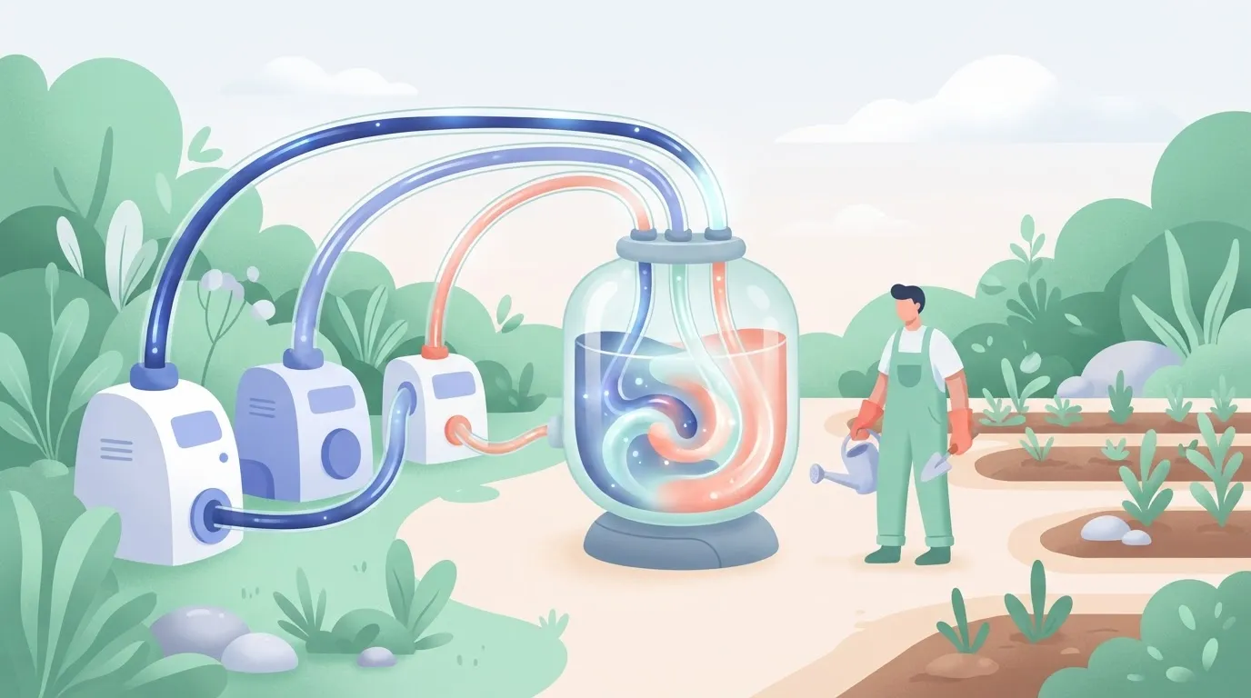 A series of transparent pipes carrying glowing liquid from different machines into one single, large glass tank, rather…
