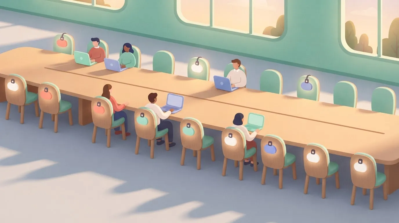 A long table with twenty-five chairs, eight occupied