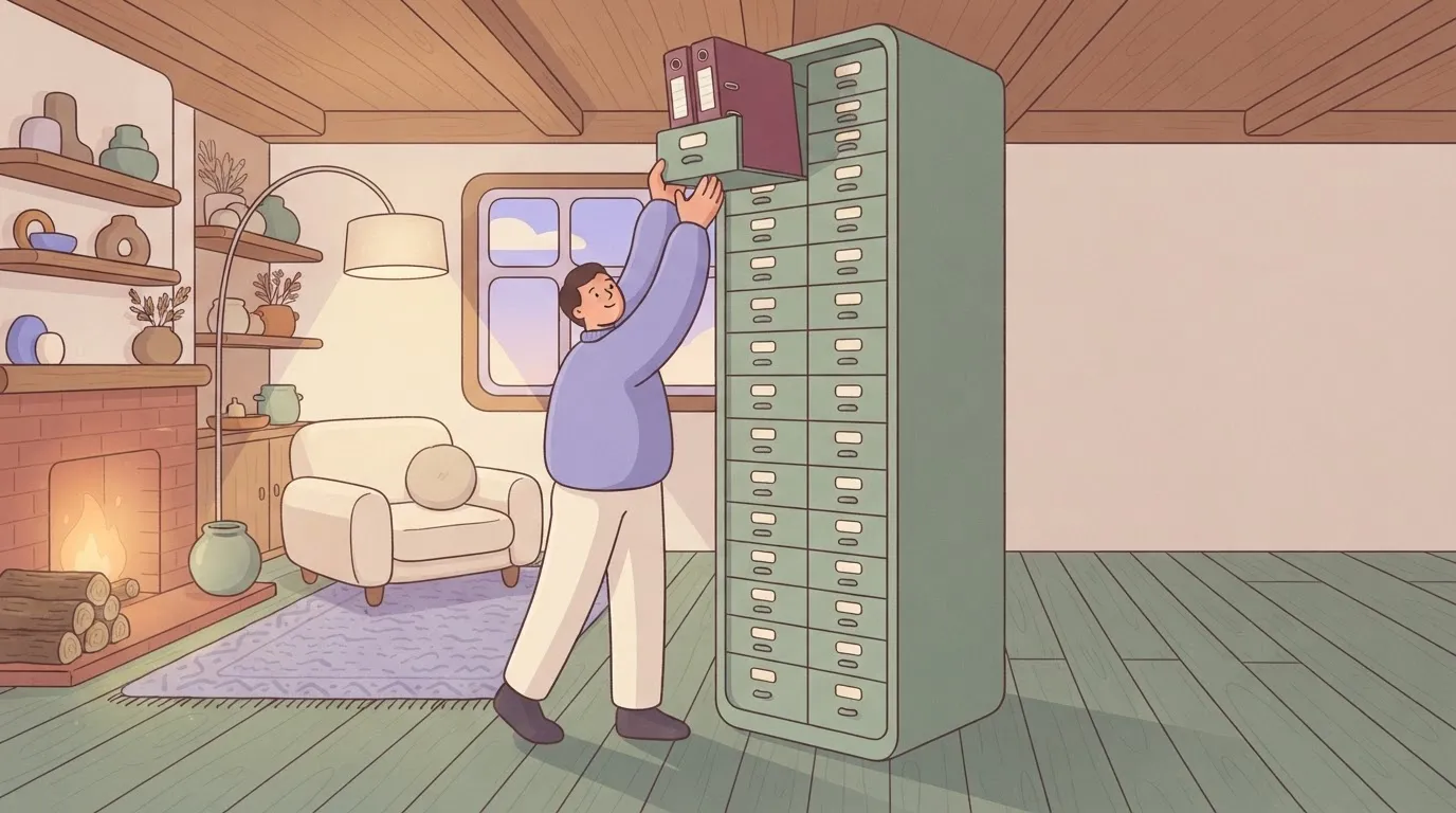 A person standing next to a single, impossibly tall vertical filing cabinet that reaches up toward the ceiling.