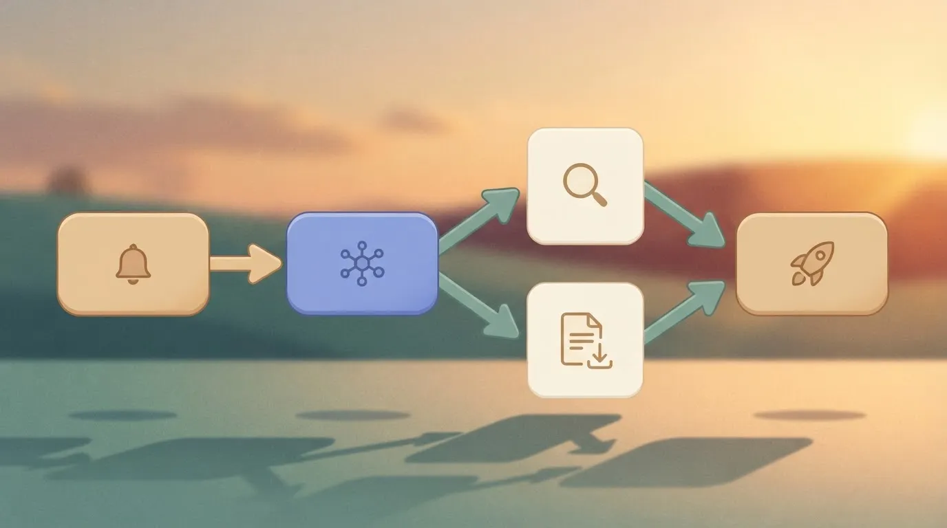 A flow diagram: a trigger box with an arrow into one API call box, which splits to a search results card and a fetched page…