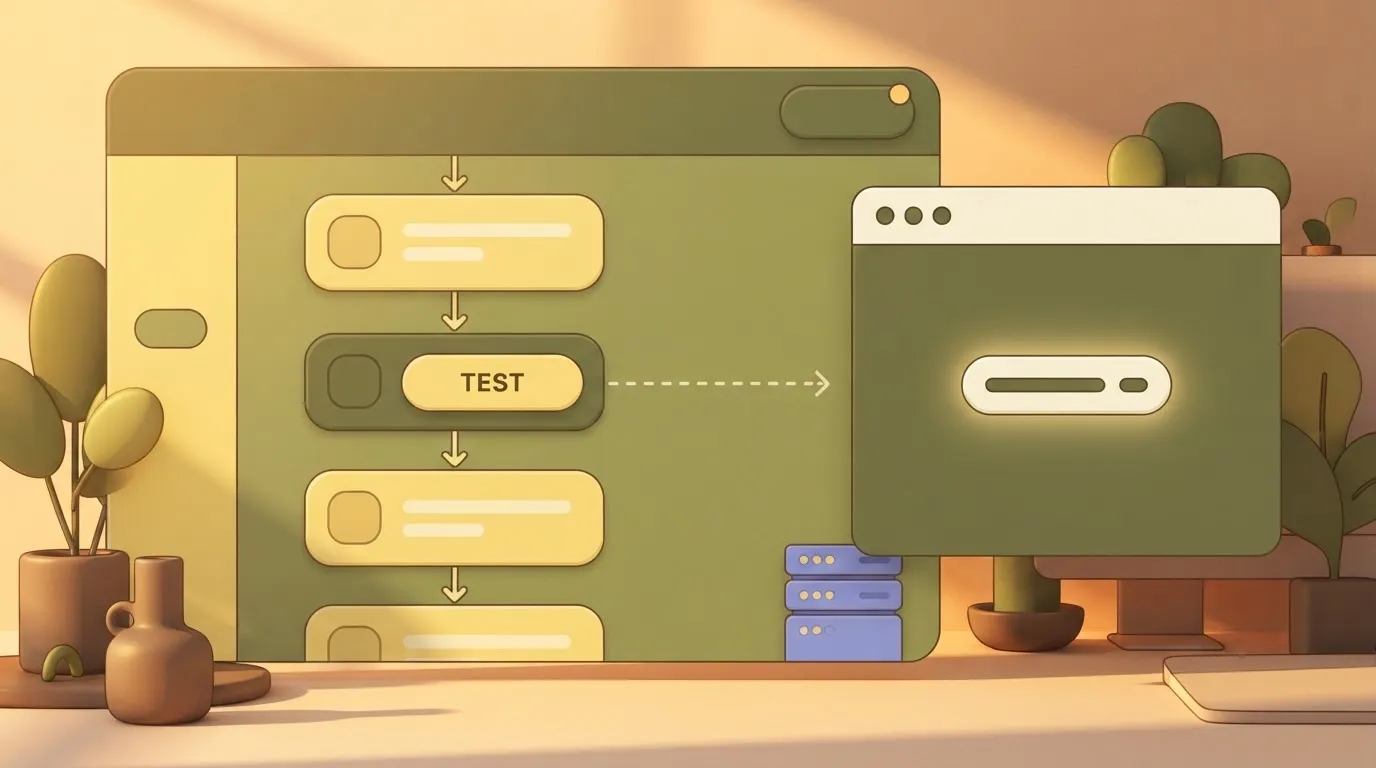 A workflow editor screen with a test button on an action step, beside a destination app window showing the new result, and…