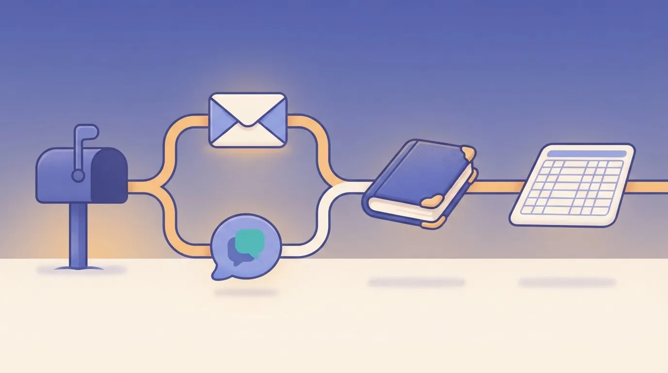 Branches ending in email, chat, accounting ledger and decision log