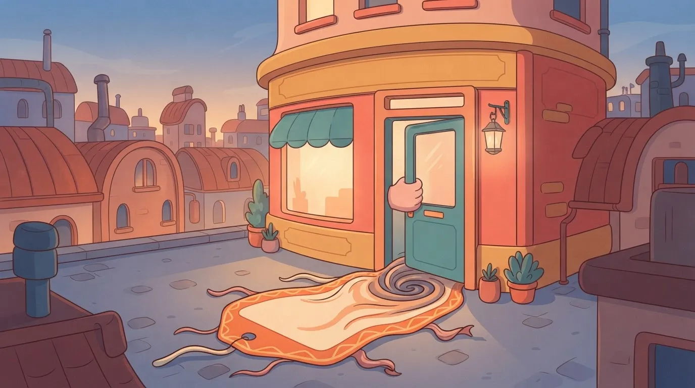 Door swinging shut over a shrinking welcome mat