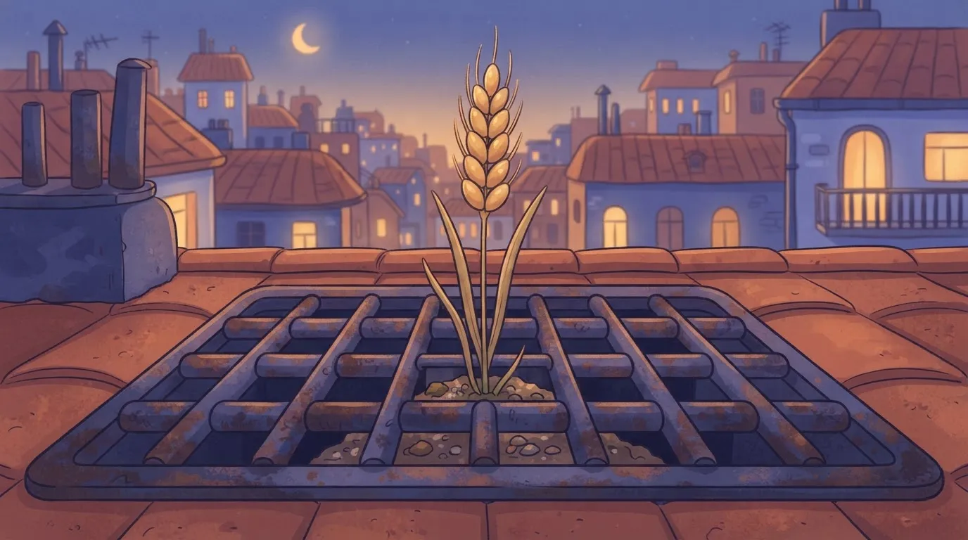 A single tall stalk of wheat growing up through the center of a dense, heavy metal grate.