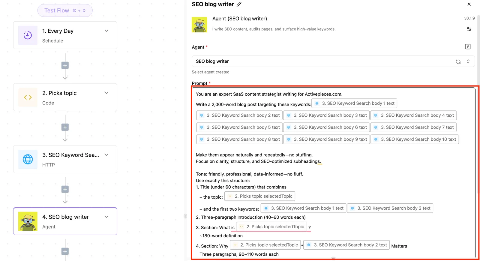 A workflow with four steps including an AI agent step selected, showing the agent configuration panel with a detailed…