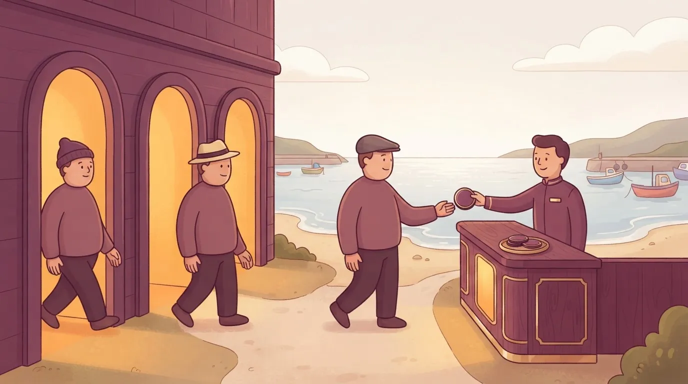 One man arriving three times at a reception desk in different hats