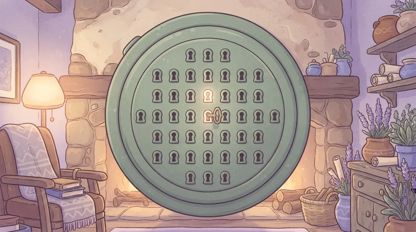 A large, circular vault door with dozens of small, specialized keyholes; a single, small key is inserted into one specific…