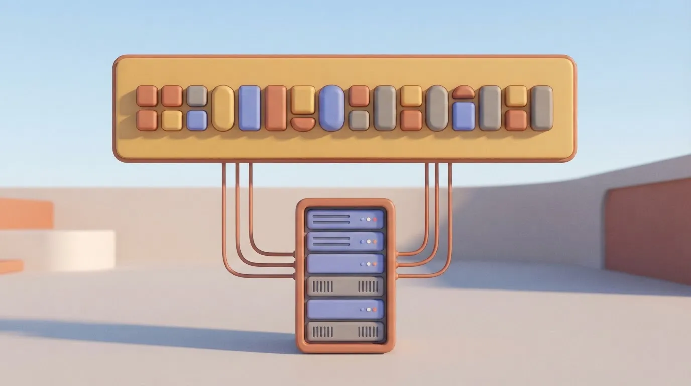 A rectangular API header card sits above a server rack; on the card, a single unique idempotency key is represented by a…