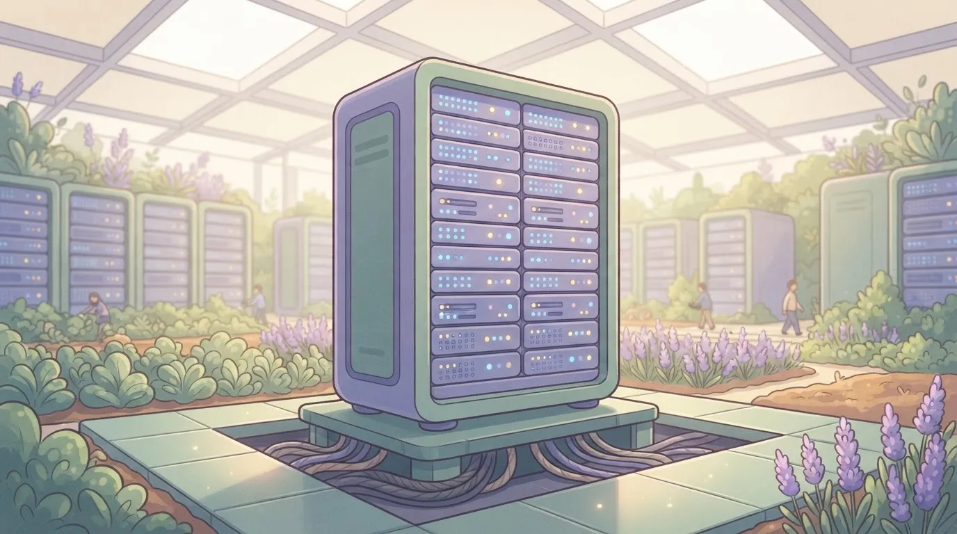 A large server rack with glowing indicator lights sits on a raised floor in a data center, representing the TPU v5p…