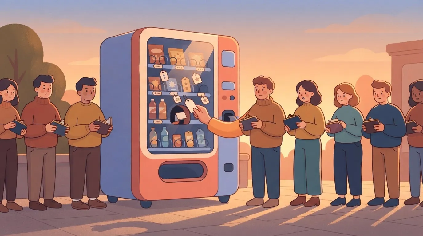A vending machine where the price tags are being frantically swapped out for lower numbers by a hand reaching from inside…