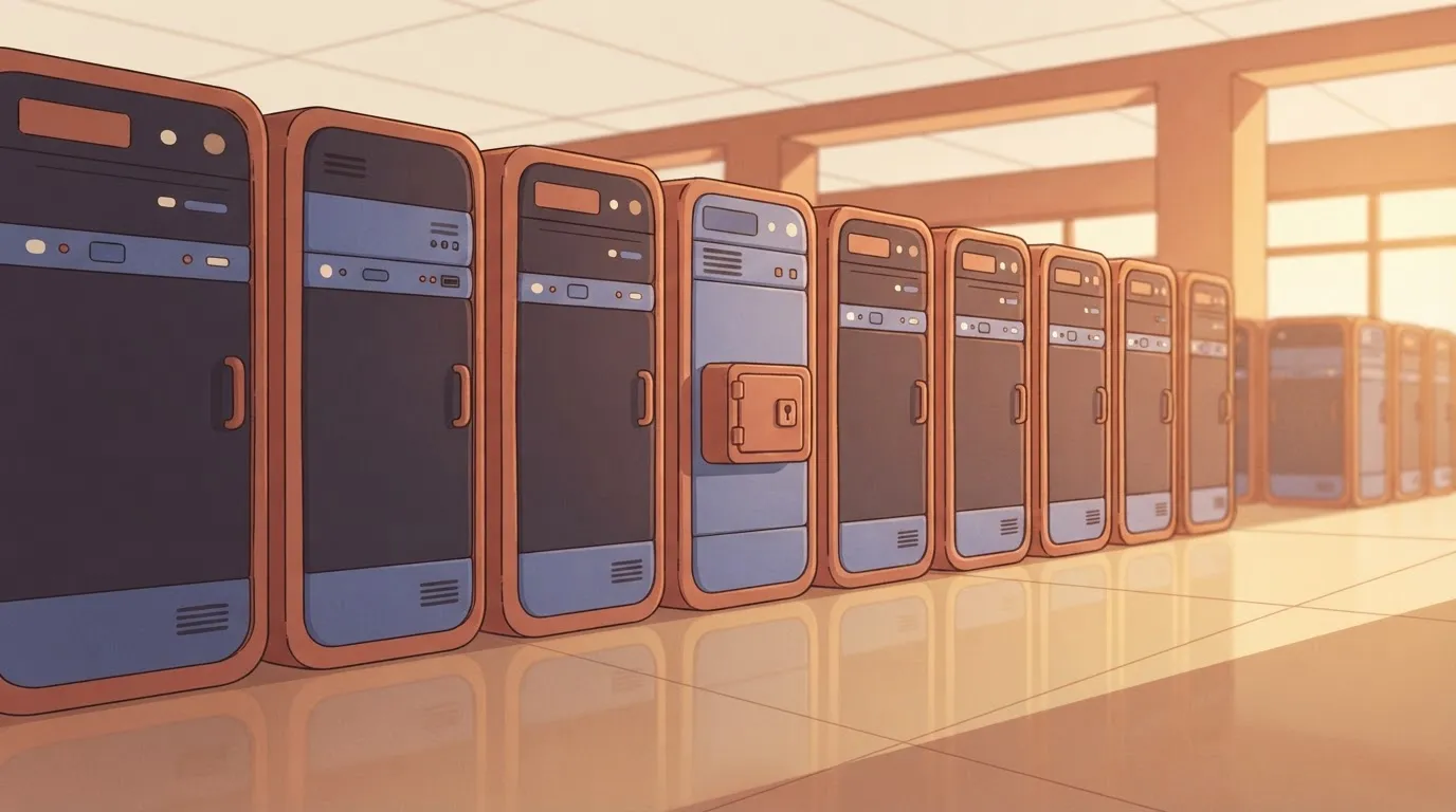 A row of identical, nondescript server racks, except one has a small, sturdy lockbox welded directly to the front of its…