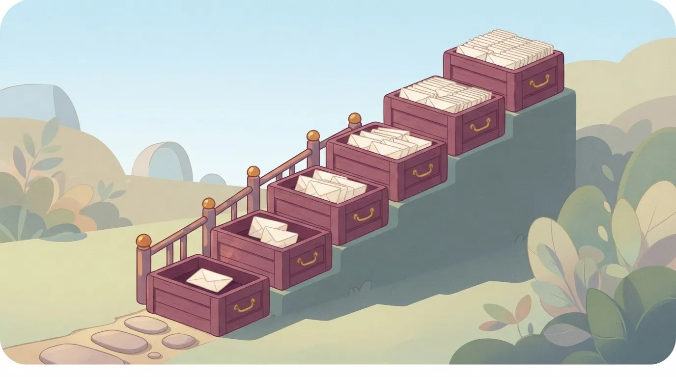 Staircase of crates filling with envelopes