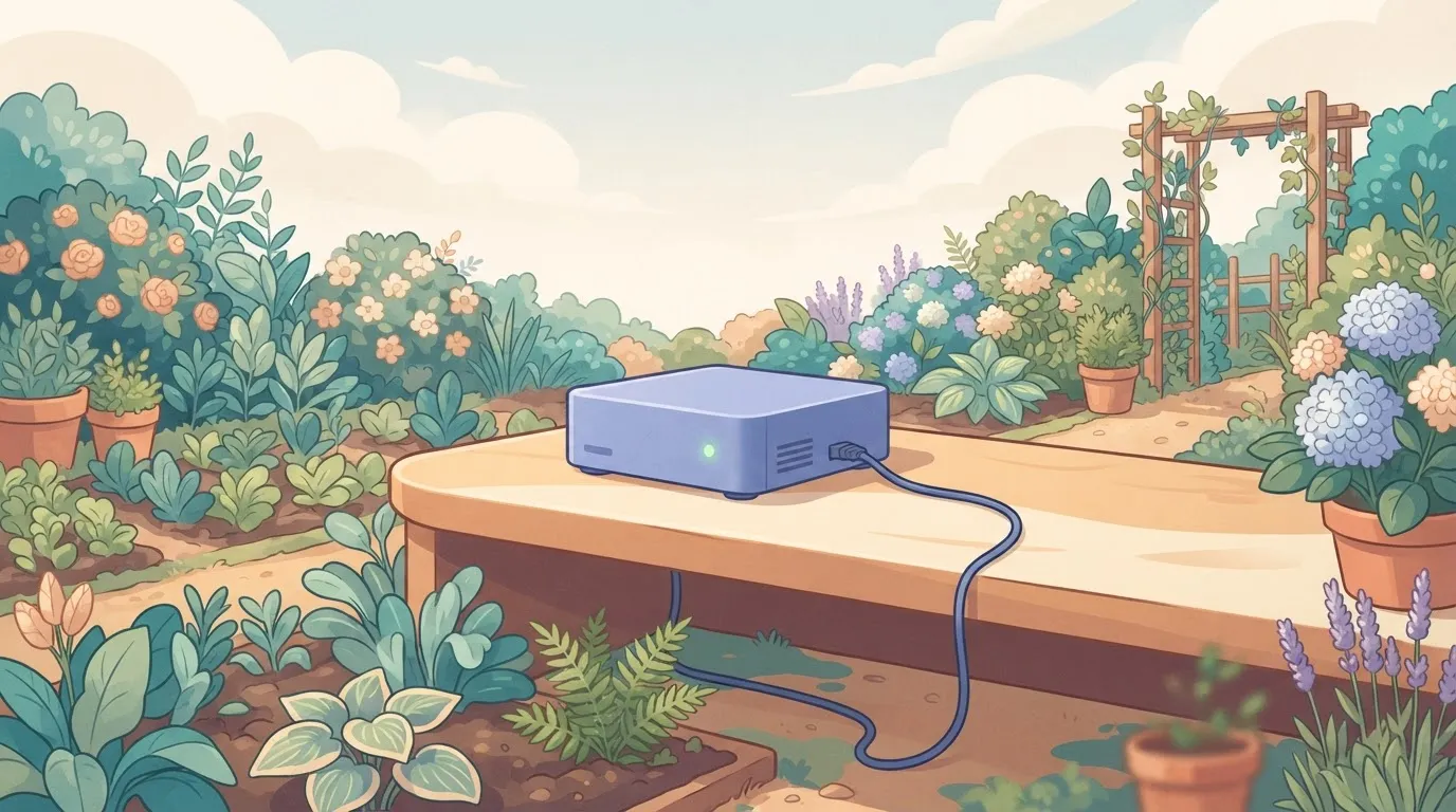 A small rectangular server unit sits on a desk, with a single ethernet cable plugged into its back and a status light…