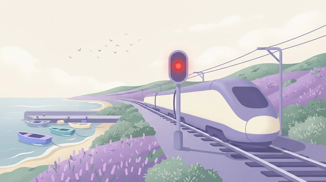 A high-speed train stopped at a red signal light; the tracks ahead are clear and empty, but the train is held back by the…