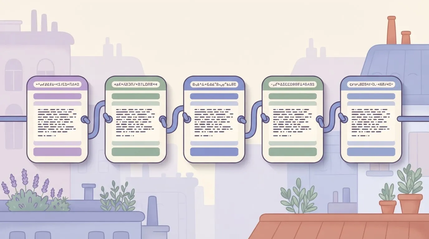 A sequence of five rectangular cards representing a ledger.