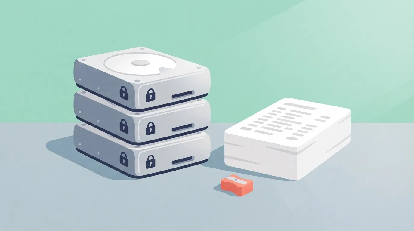 A stack of three internal hard drives sits on a desk, each with a small lock icon on its side to represent encrypted local…