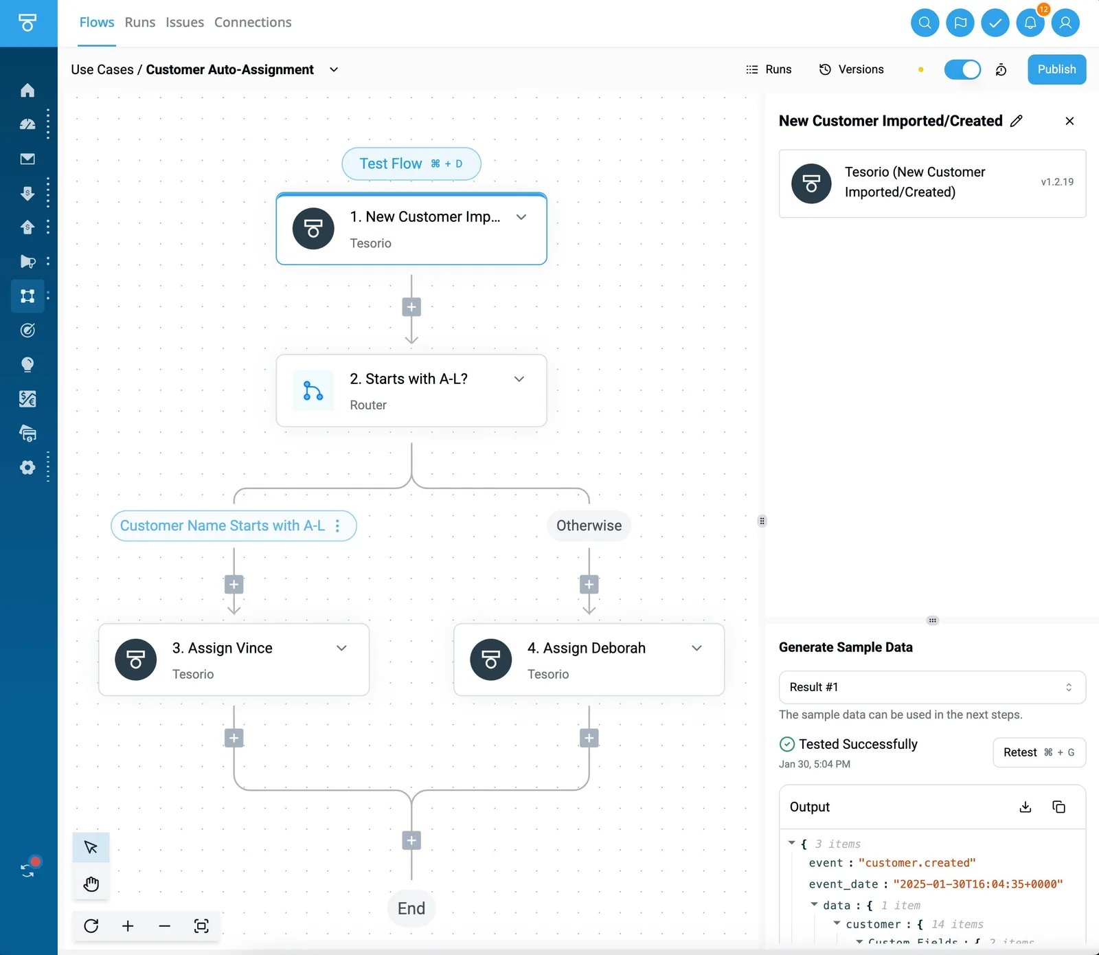 A workflow automation canvas showing a multi-step customer auto-assignment flow with conditional routing and test results…