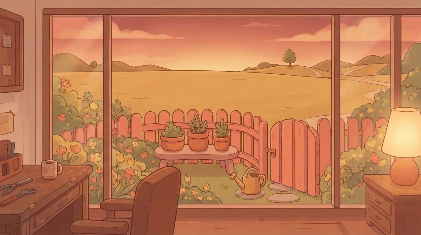 Small fenced garden with three pots beside a huge open field