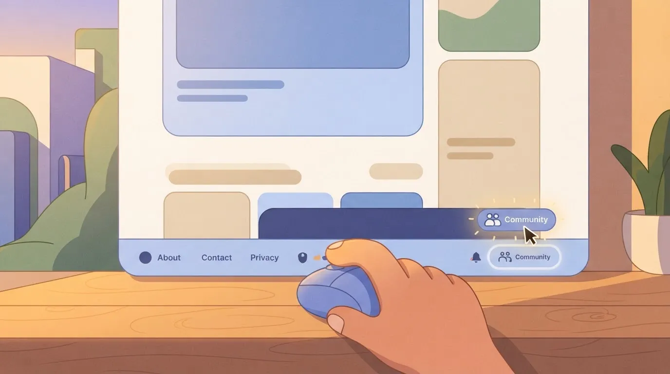 A user's hand clicking a computer mouse on a small 'Community' link located at the bottom corner of a website footer.
