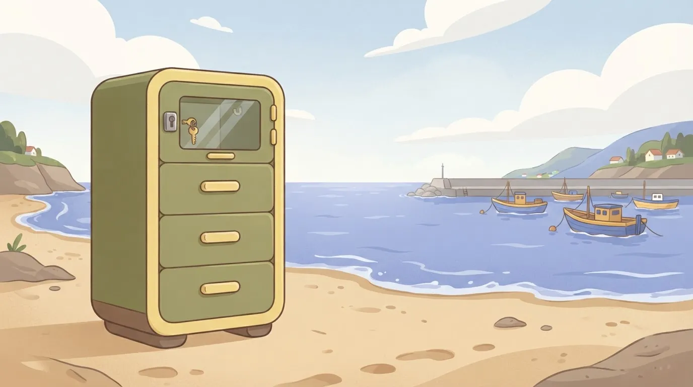 A tidy intact filing cabinet with a glass panel in its locked door; through the glass a small key hangs on a hook inside…