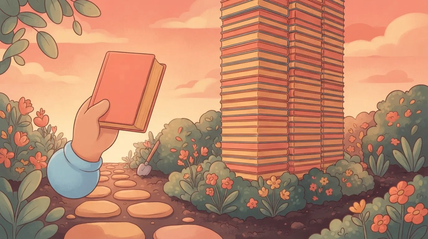A single human hand holding a standard paperback book next to a massive, ceiling-high stack of thousands of identical…