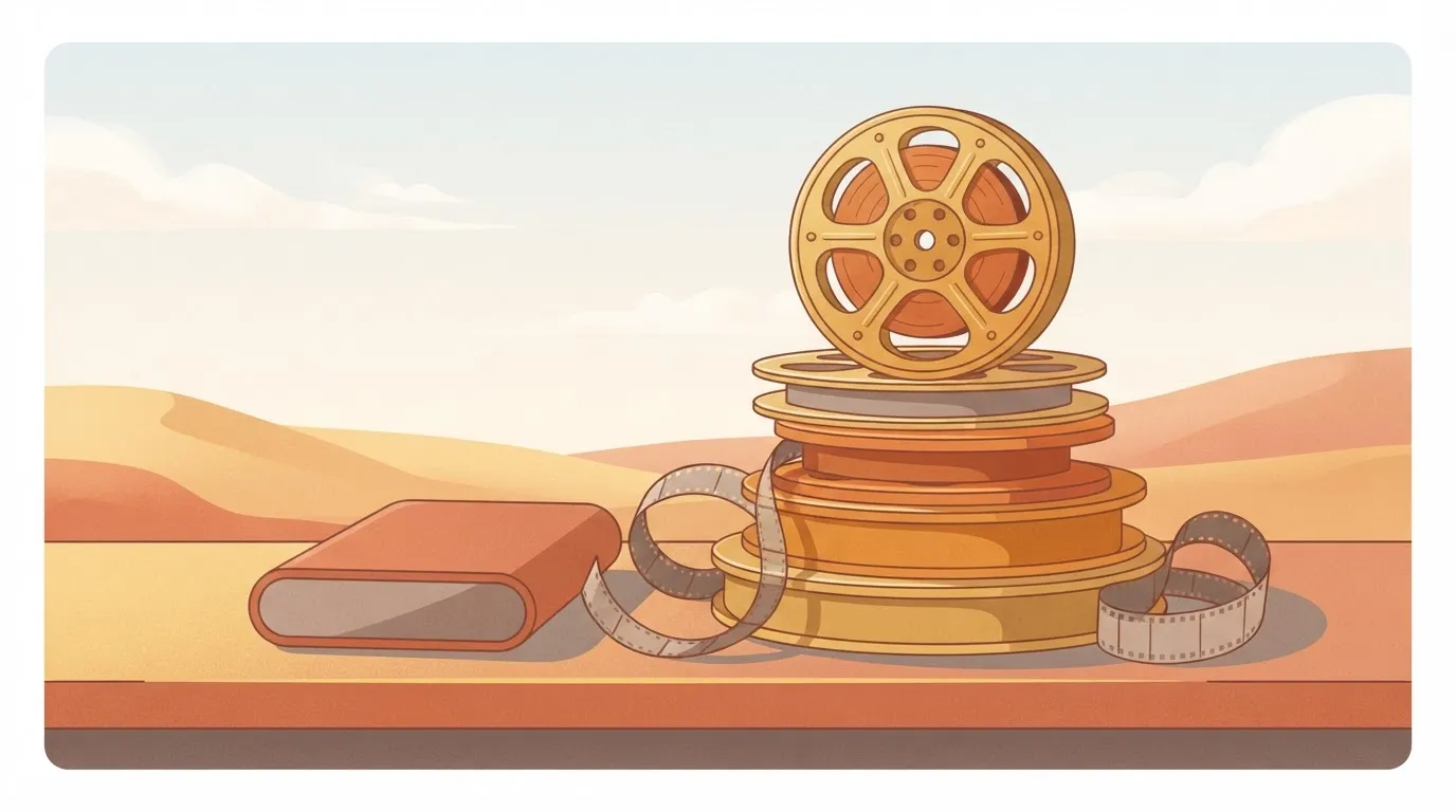A physical hard drive sits next to a stack of large video files represented by film reels.