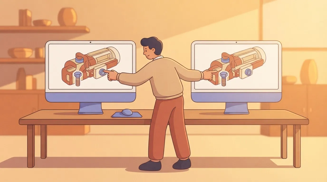 Two identical side-by-side computer monitors showing the exact same image of a complex mechanical drawing; a person stands…