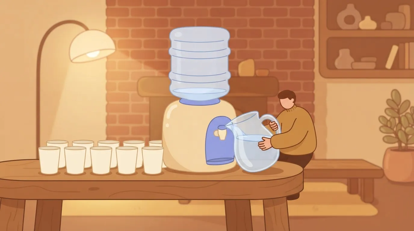A nearly empty water jug, one big pitcher, many dry cups