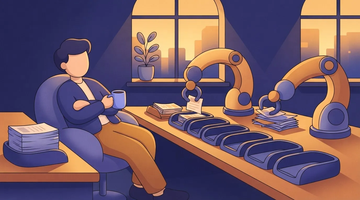 Person watching robot arms sort papers
