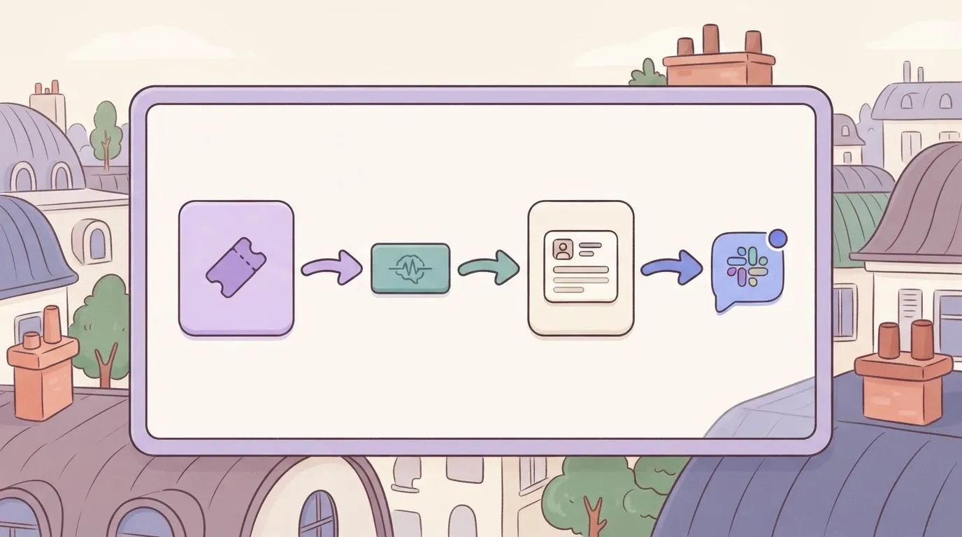A flow diagram on a screen: a ticket card, a CRM record card and a Slack message bubble linked in a row by arrows, with one…