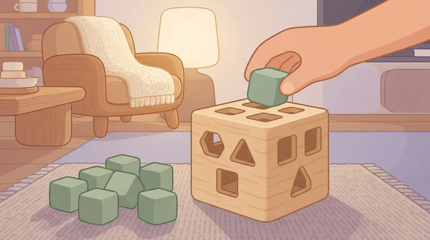 A wooden toy block sorter where a square block is being placed cleanly into the square hole on the first try, while next to…