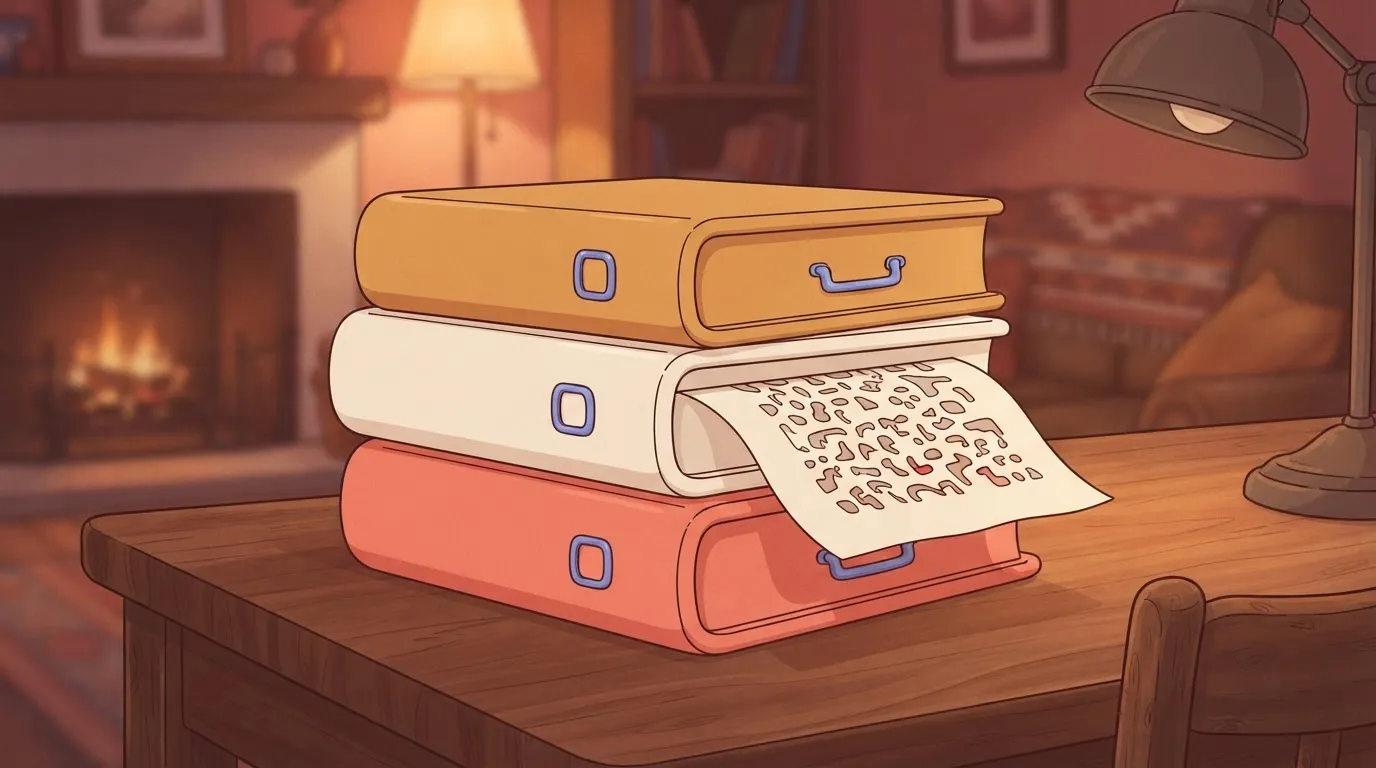 A stack of three thick binders representing a documentation library, with a single sheet of paper slightly pulled out from…