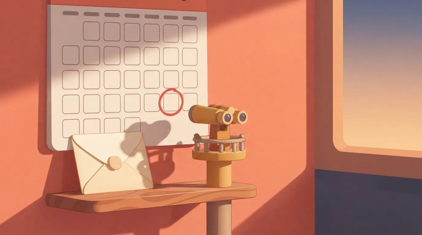 A wall calendar with one square circled in red a month ahead, and a small sealed envelope propped against it next to a tiny…