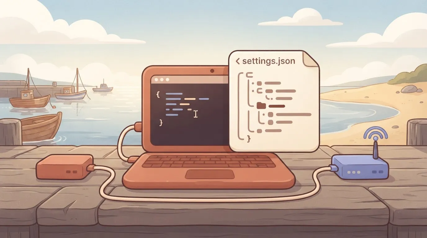 A laptop terminal beside an open settings.json file showing an indented mcpServers block with one server entry, with a…